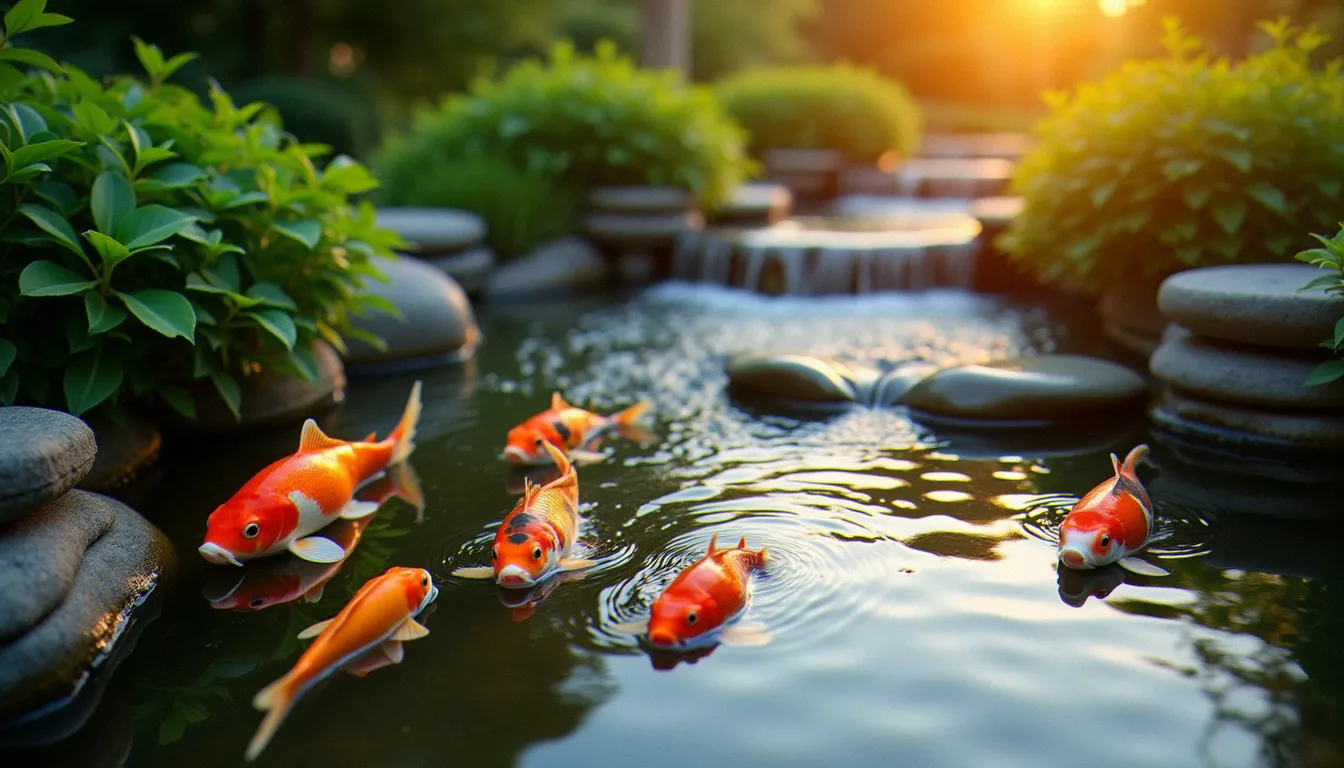 Carpes koï colorées nageant dans un bassin de jardin paisible entouré de plantes aquatiques
