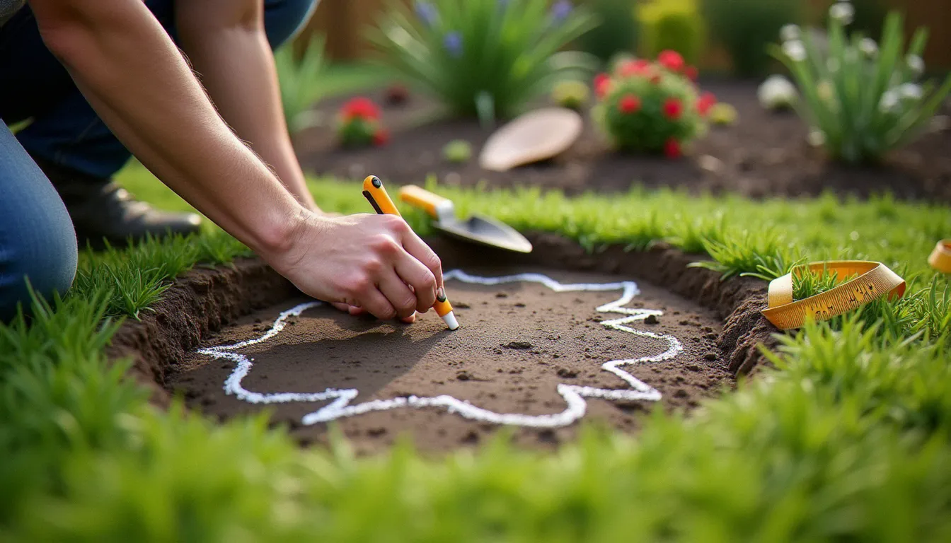 Tracé à la craie de la forme d'un bassin sur la pelouse, avec mètre ruban et truelle, étape du dimensionnement dans jardin paysage