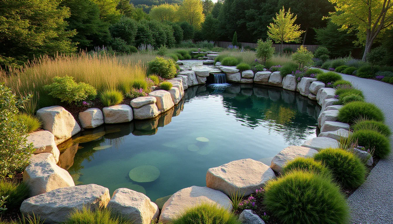 Vue en plongée d'un bassin de forme organique intégré dans jardin paysage, bordé de galets et de graminées, avec un petit ruisseau d'alimentation et une allée en gravier en bordure