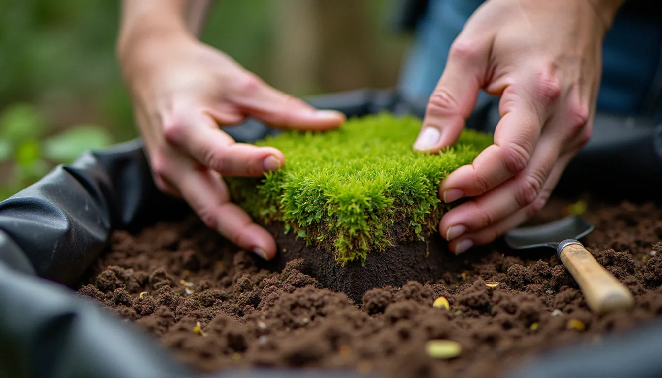 Plantation d'un bloc de sphaigne dans le substrat organique d'un jardin de tourbière en cours d'aménagement
