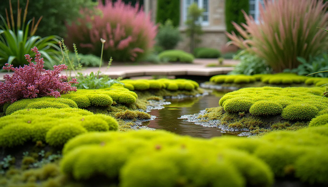 Jardin de tourbière aménagé avec sphaignes, bruyères et Carex en bordure, dans un jardin résidentiel sous ciel nuageux