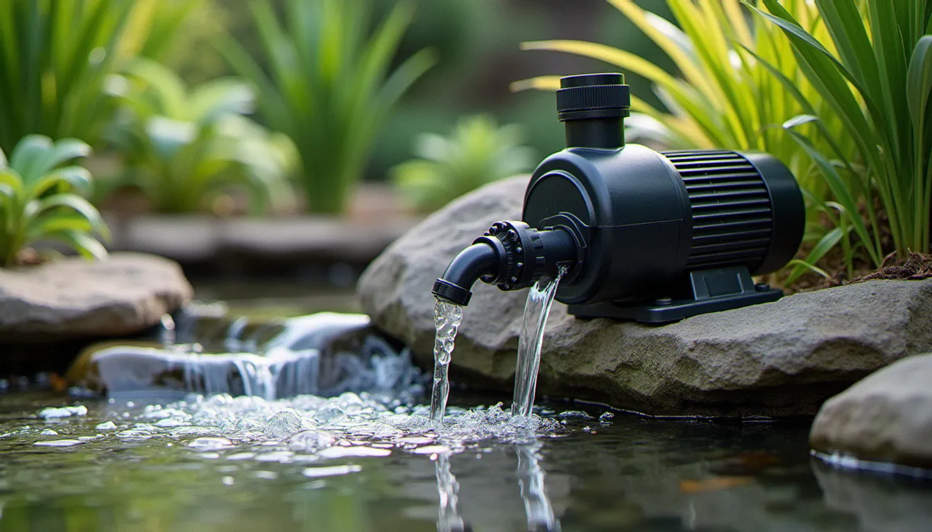 Système de filtration et pompe installés à côté d'un bassin de jardin d'eau.
