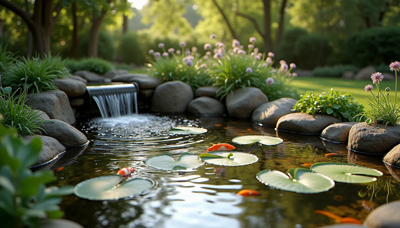 Jardin d'eau avec bassin à carpes koï, nénuphars et plantes aquatiques, éclairé par la lumière du soir.
