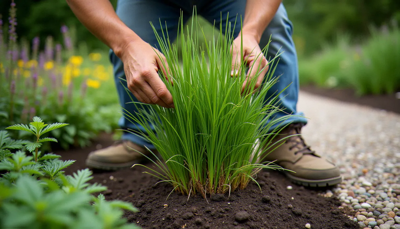Mains d'un paysagiste replantant une graminée ornementale dans un massif de vivaces sur un chantier d'aménagement paysager