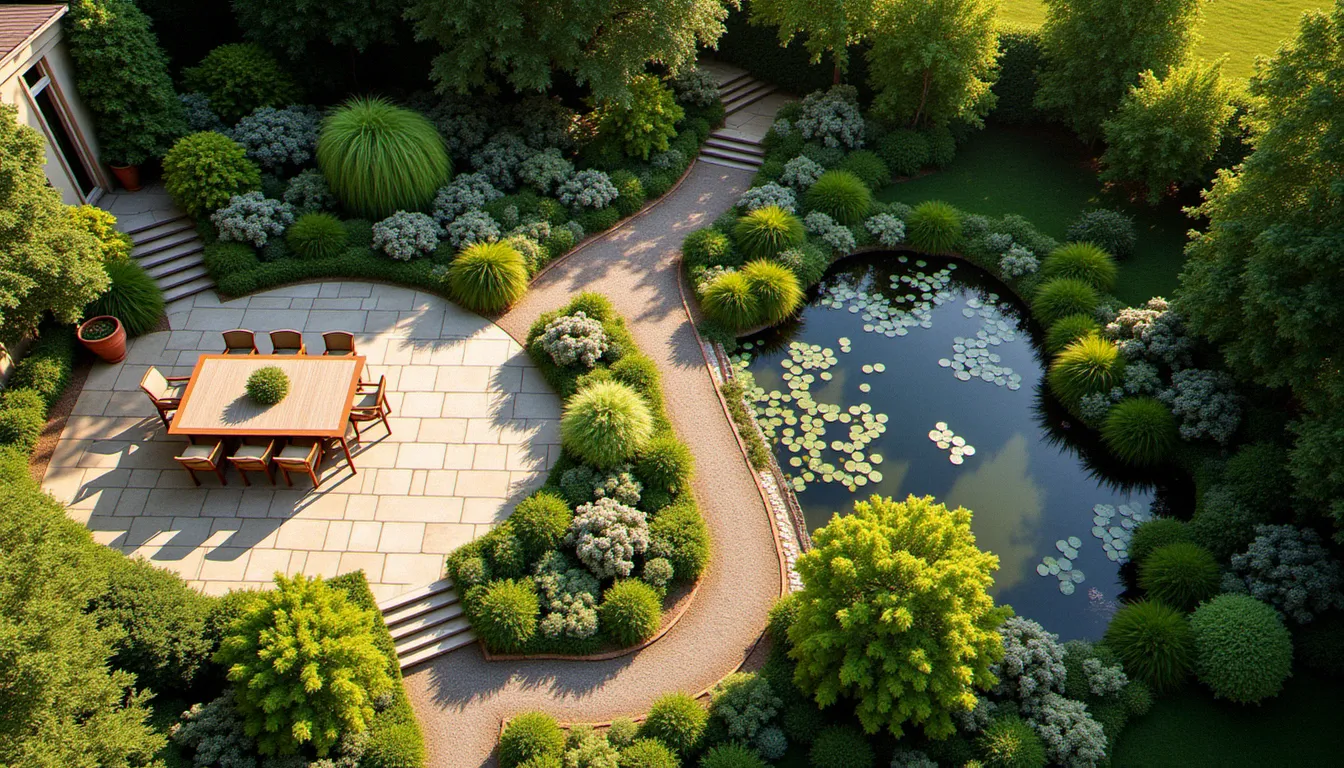 Vue aérienne d'un jardin paysage des aménagé en zones distinctes avec terrasse, allées en gravier, massifs de vivaces et petit bassin, en pleine lumière d'après-midi