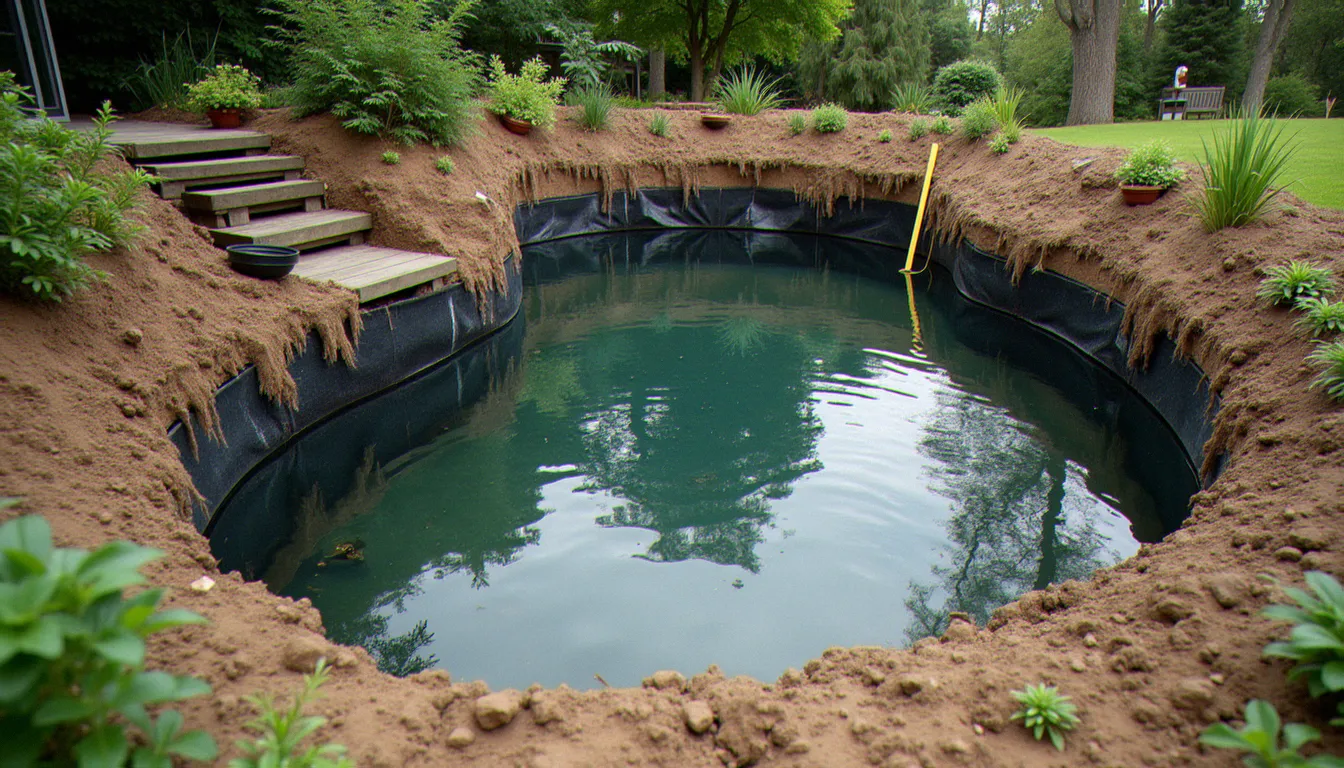 Chantier de bassin de jardin avec bâche, paliers de plantation et zone profonde centrale en cours d'aménagement