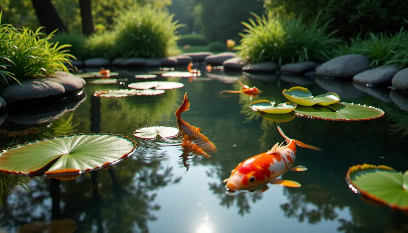 Bassin de jardin avec carpes koï et nénuphars dans un environnement naturel