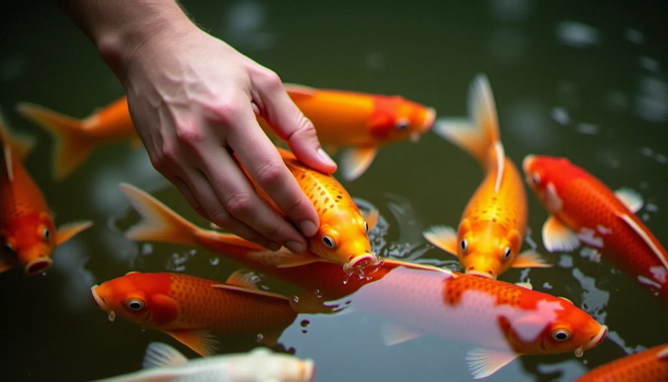 Une main nourrissant des koï dans un bassin